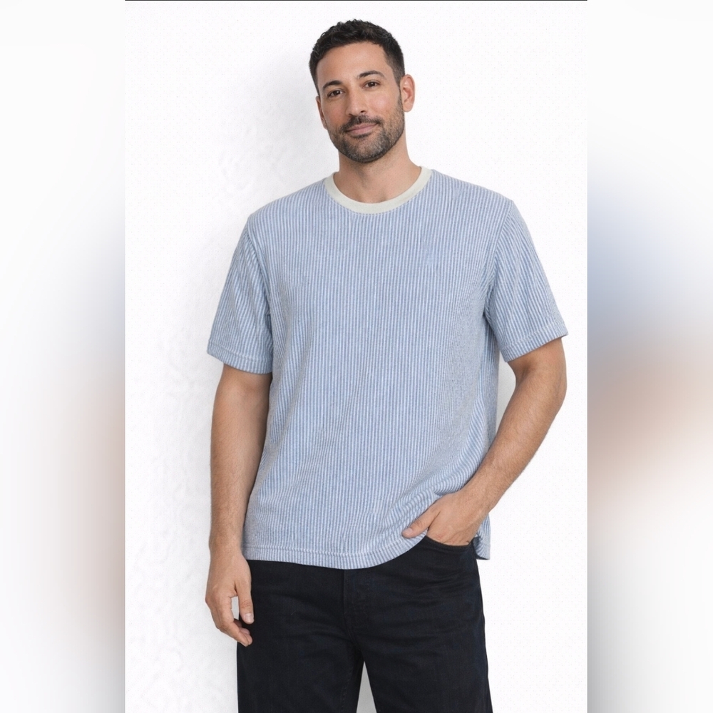 Zara Mens Knit White & Light Blue Striped Short Sleeve T-Shirt Size Med. HL156